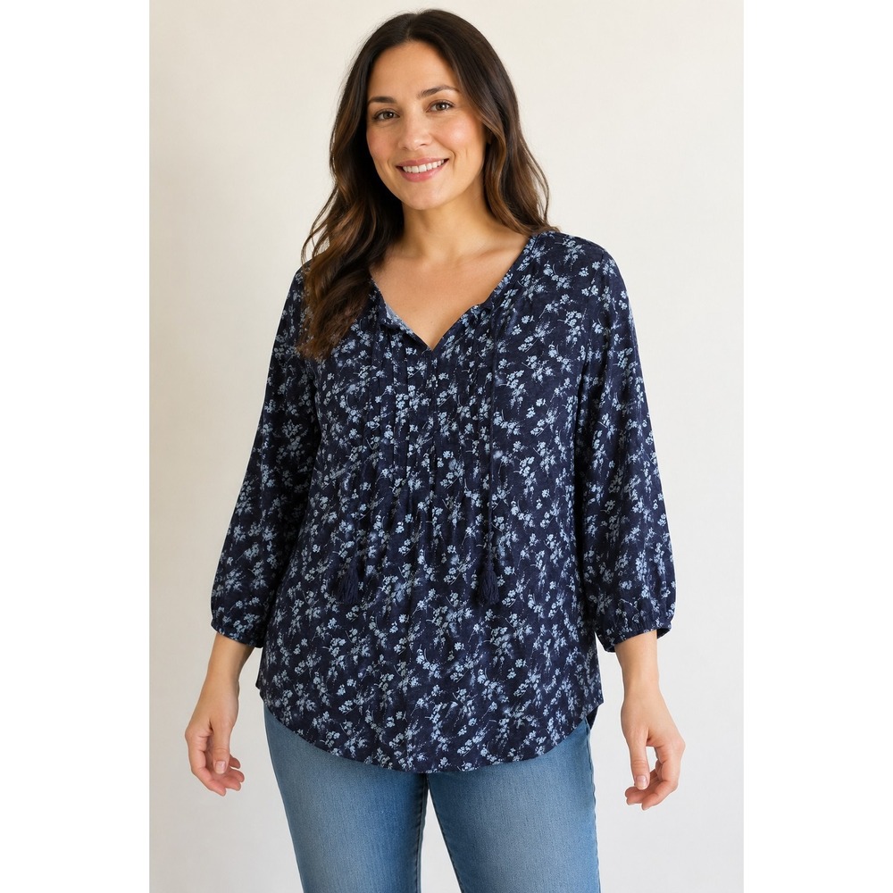 Sonoma Goods For Life Women's L Navy Floral Boho Peasant Blouse Tassel Tie